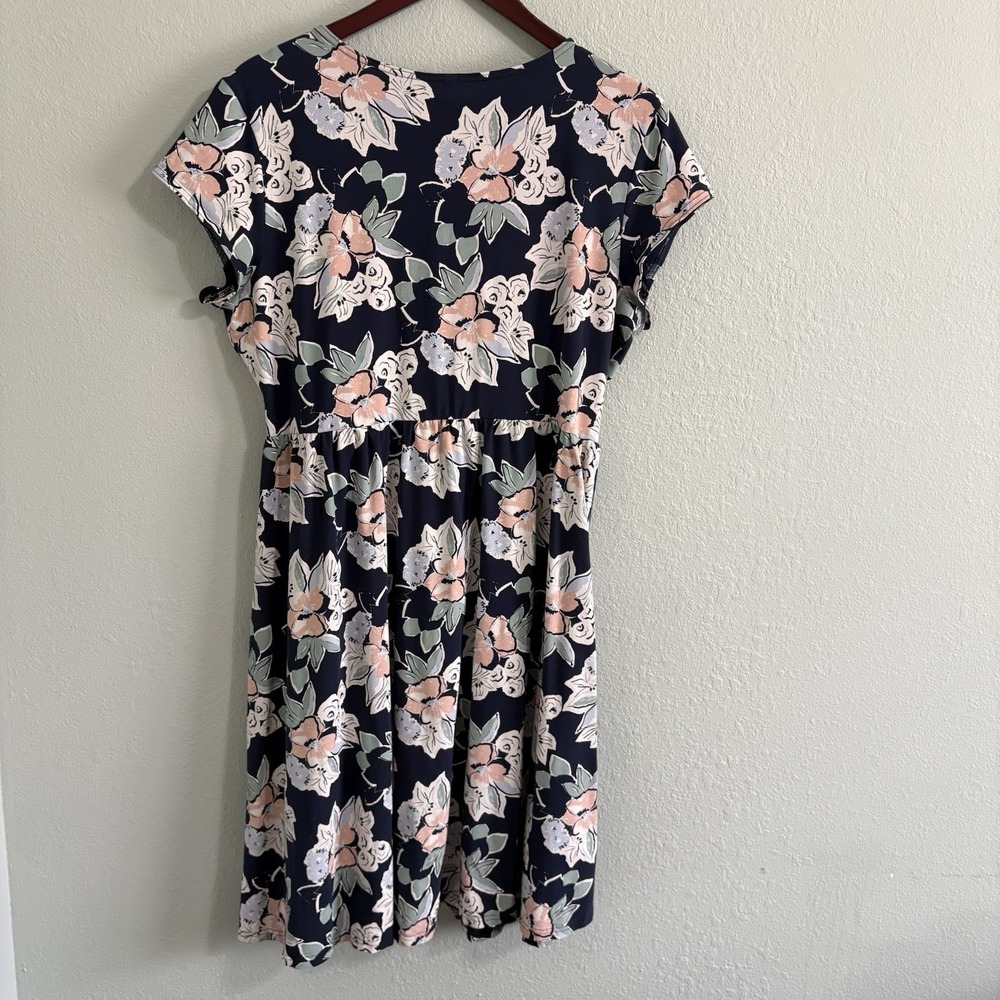 Pact Organic Cotton Floral Faux Wrap Dress XXL Navy Pink Short Sleeve Stretch - Picture 7 of 14
